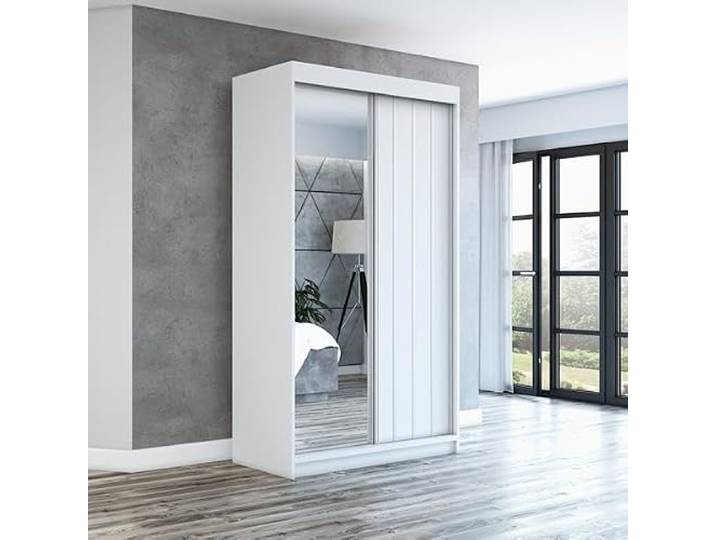 A&J MöbelLand Schwebetürenschrank VIGO 2-türig mit Spiegel, Kleiderschrank 160 cm (Weiß)