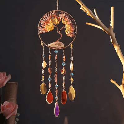 Uplift Curations LunaCrystal Natural Agate Dream Catcher Wall Hanging Moon Star Sun Boho Decor dusk Tree