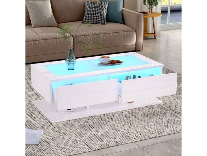 Table Basse Table Basse Moderne Rectangulaire avec Rangement et LED 2 Tiroirs et Plateau Verre 100×50×35 cm Blanc