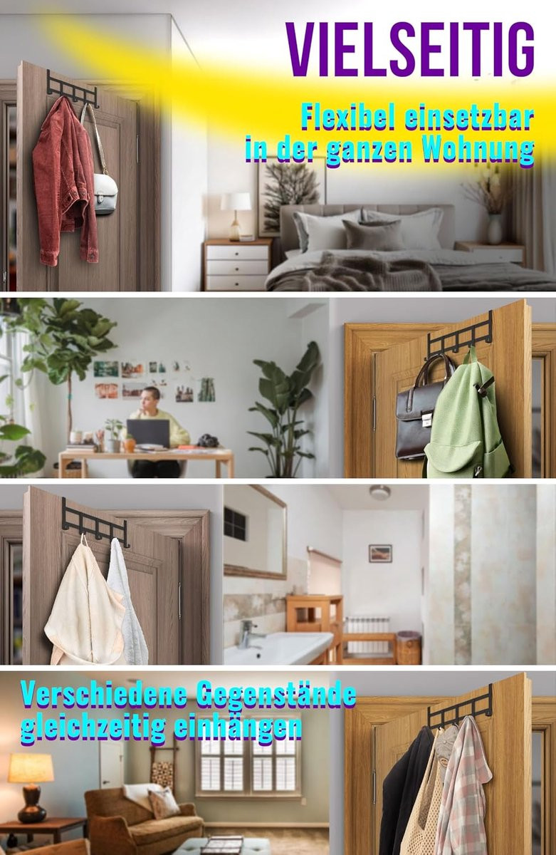 Compacte zwarte deurkapstok met stevige kledinghaken voor in de badkamer