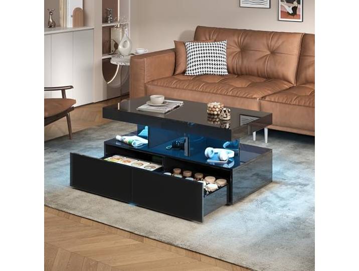 DAHUEN Hochglanz Couchtisch mit LED Beleuchtung, Wohnzimmertisch mit Offenem Ausstellungsregal und 2 Schublade (Schwarz)