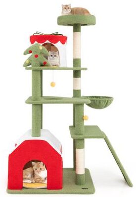 Costway 61 Inches Cute Christmas Cat Tree with Sisal Scratching Posts and 2 Condos-Green