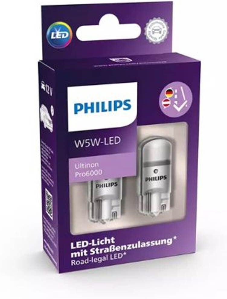 Philips ultinon pro6000 lâmpada led w5w 2 pcs 0.9w 12v