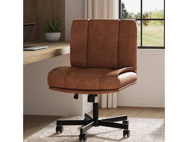 Chaise de bureau pivotante à 360°- Vanity chair - Sans bras - Pour bureau à domicile - Chaise large - tissu en cuir-Brun