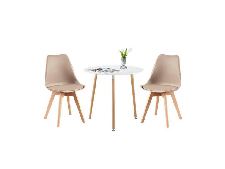 LuxusKollektion Essgruppe Essgruppe 80cm rund 2 Stühle Weiß Tisch-3 Beine 2 Khaki Stühle