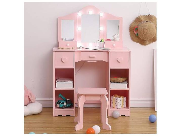 Coiffeuse - PROMIRACAL - Triple Miroir - 3 Tiroirs - 2-en-1 - Rose - 99x59x29cm
