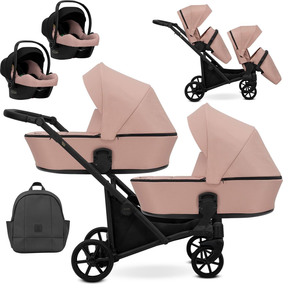 Kunert Brav Duo 3-in-1 Zwillingskinderwagen Rosa mit Babyschale, schwarzer Rahmen