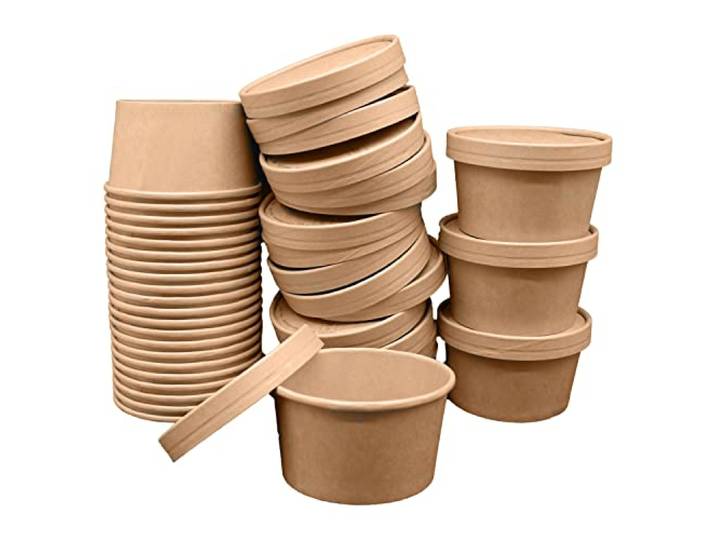 BAMI 500 Suppenbecher To Go mit Kraft Deckel 350ml/12oz - braun Biologisch abbaubar & kompostierbar Einweg Suppenschale Soup To Go