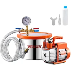 VEVOR 5,68 L Vakuumkammer und 3,5 CFM Pumpe, Edelstahlkammer, 1-stufiges Vakuumpumpen-Entgasungskammerset, mit Acryldeckel, Öl, 1,5 m Schlauch, Vacuum Pump Kit zum Entgasen von Harz-Silikon-Epoxiden