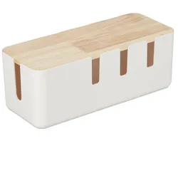 Relaxdays Kabelbox groß, für Steckdosenleiste, Kunststoff & Holz, Kabel verstecken, 11,5x30x12,5 cm, Steckdosenbox, weiß