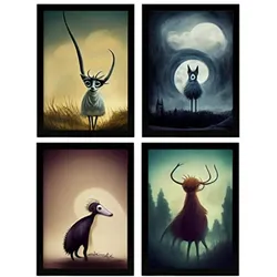 POSTER Set mit 4 Wald Tier im T Burton Goth Stil A4 Rahmenlos
