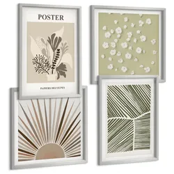 BILDER SET 4er Set - 50x50 cm & 40x60 cm Silberner Rahmen - Pflanzenmotive in gedeckten Farben