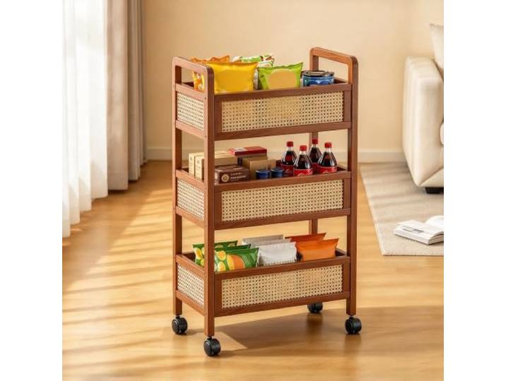 Massivholz Rollwagen, 3 Ebenen mobiler Aufbewahrungs-Organizer für Küche Massivholz-Struktur, 360-Grad-Lenkrollen, platzsparendes Design, vielseitig einsetzbar(19.7 (50CM)L)