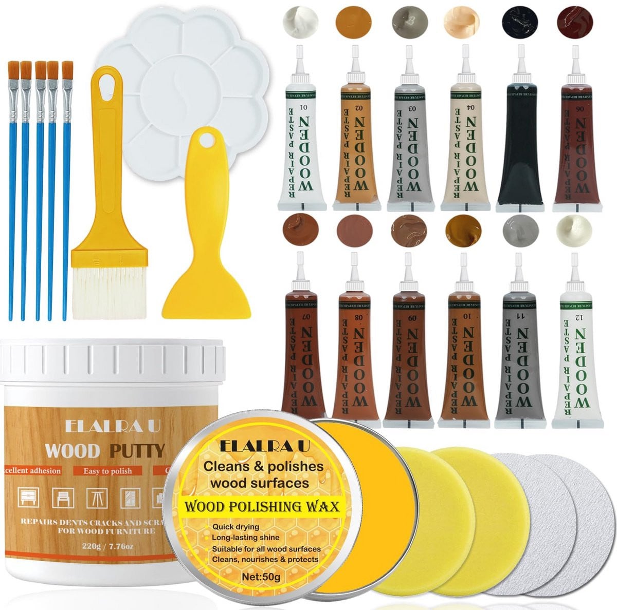 Reparatieset voor houten meubels met houtkit, houtplamuurmassa en bijenwas