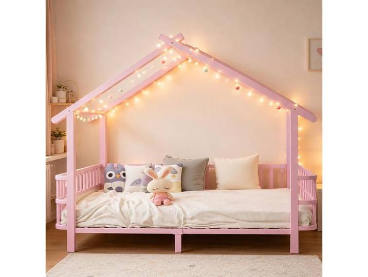 Lit Enfant En Metal Rose 90x200 cm Lit Cabane Toit FloraGrace Pour Chambre D Enfant Barrieres De Securite 215x96x168 5cm