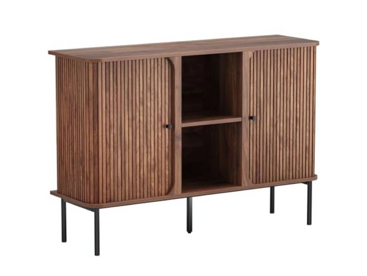 Sideboard mit Schiebetüren Holz Aufbewahrungsschrank Walnuss Küchenschrank Buffetschrank mit Verstellbare Ablage, Metallbeine, Kippsicherung für Wohnzimmer Esszimmer Kaffeebar Landhausstil 115x35x80cm