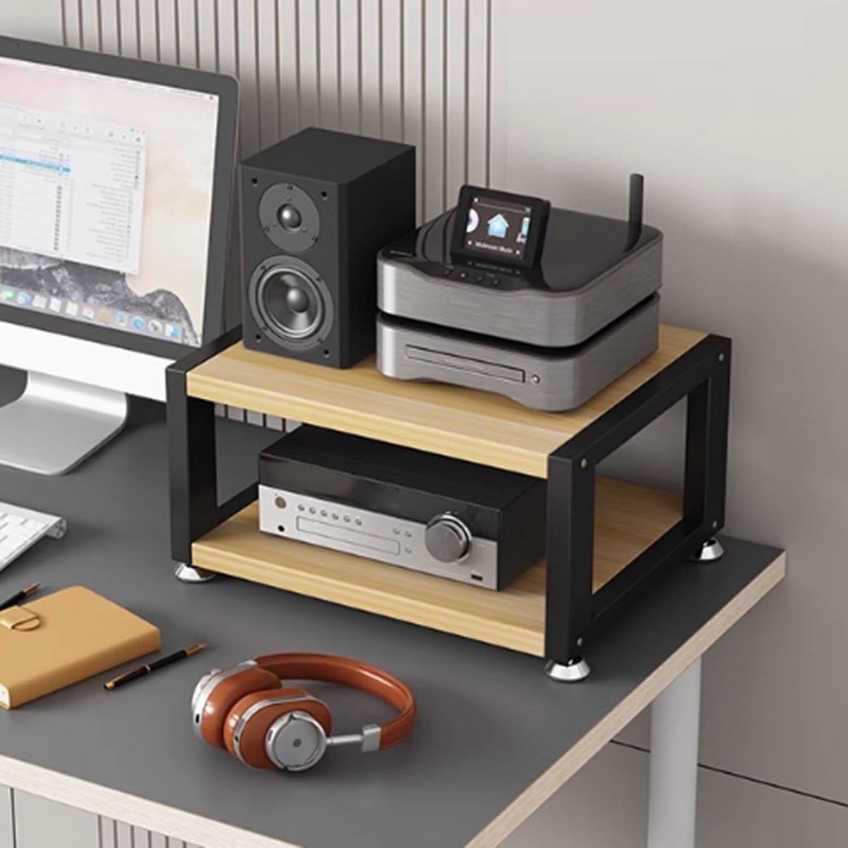 Zwarte hoekplank media stand met 2 niveaus voor audiovisuele opslag
