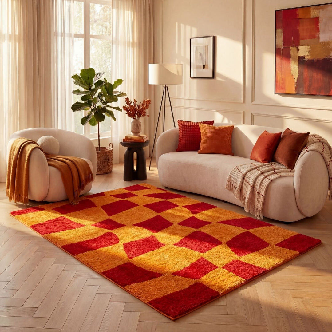 THE RUGS Joli Chequered Area Rug Soft Dense Pile for Living Rooms and Bedrooms Red/Orange Rectangle 200 x 290 cm