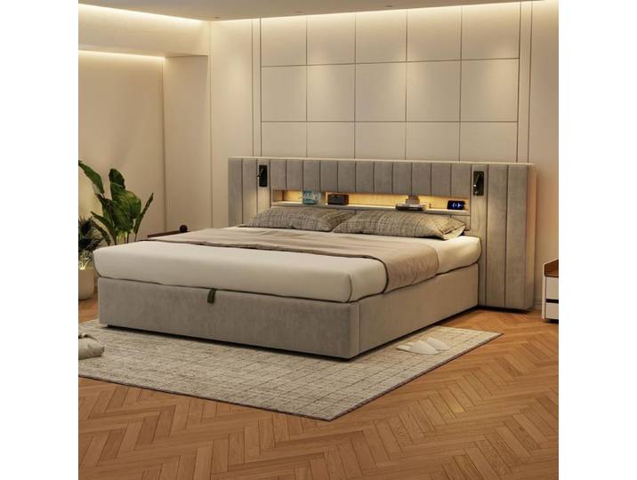 Lit coffre rembourré au design contemporain et multifonction FloraGrace 180x200 cm velours gris