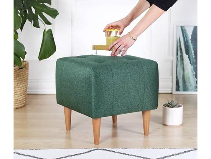 Atelier Del Sofa Grüner Pouf im Boho-Stil, 43 x 43 x 43 cm 50% Baumwolle & 50% Samt, 6 cm orthopädischer Schaumstoffkern, Holzbeine Stilvoll & funktional für Hotels & Wohnungen