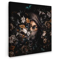 LEINWANDBILD Frau - Luxus - Blumen - Schmetterling - Porträt Deko Groß 90x90 cm