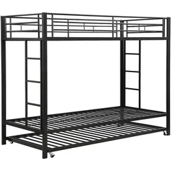 MODFU Etagenbett Metall schwarz 204x95x160 cm mit ausziehbarem Rollbett, hohes Sicherheitsgeländer, EN747