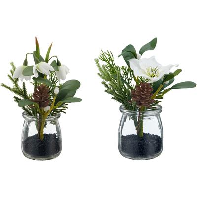 Winterliche Kunstpflanze CREATIV GREEN "Schneeglöckchen und Christrose", grün (weiß), H:20cm, Polyester, Kunstpflanzen, im attraktiven Glasgefäß