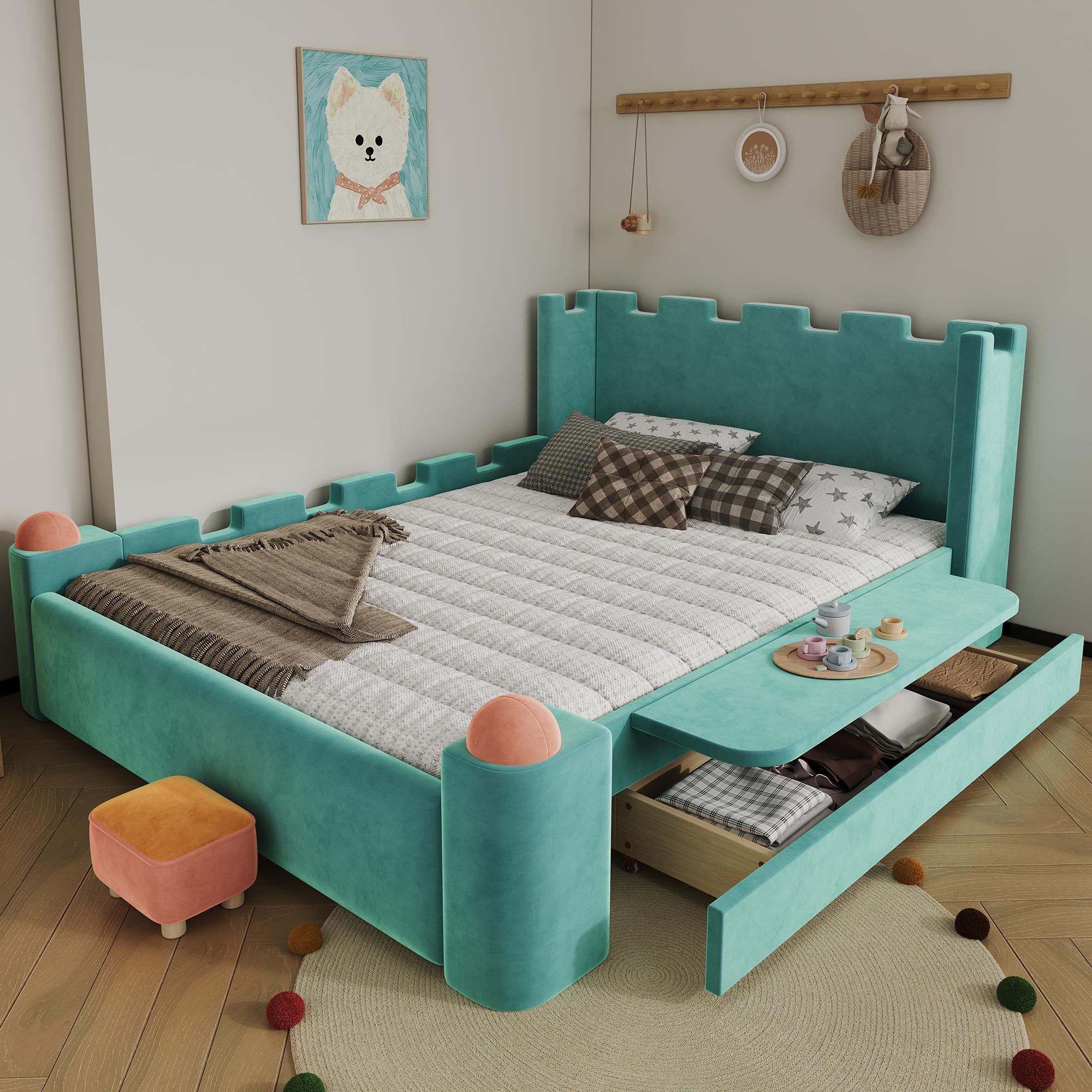 STILVORA Polsterbett 140x200 cm mit Stauraumschublade und klappbarer Seitenablage, Kinderbett mit weichen Antikollisions-Kanten, Doppelbett Samt, Blaugrün