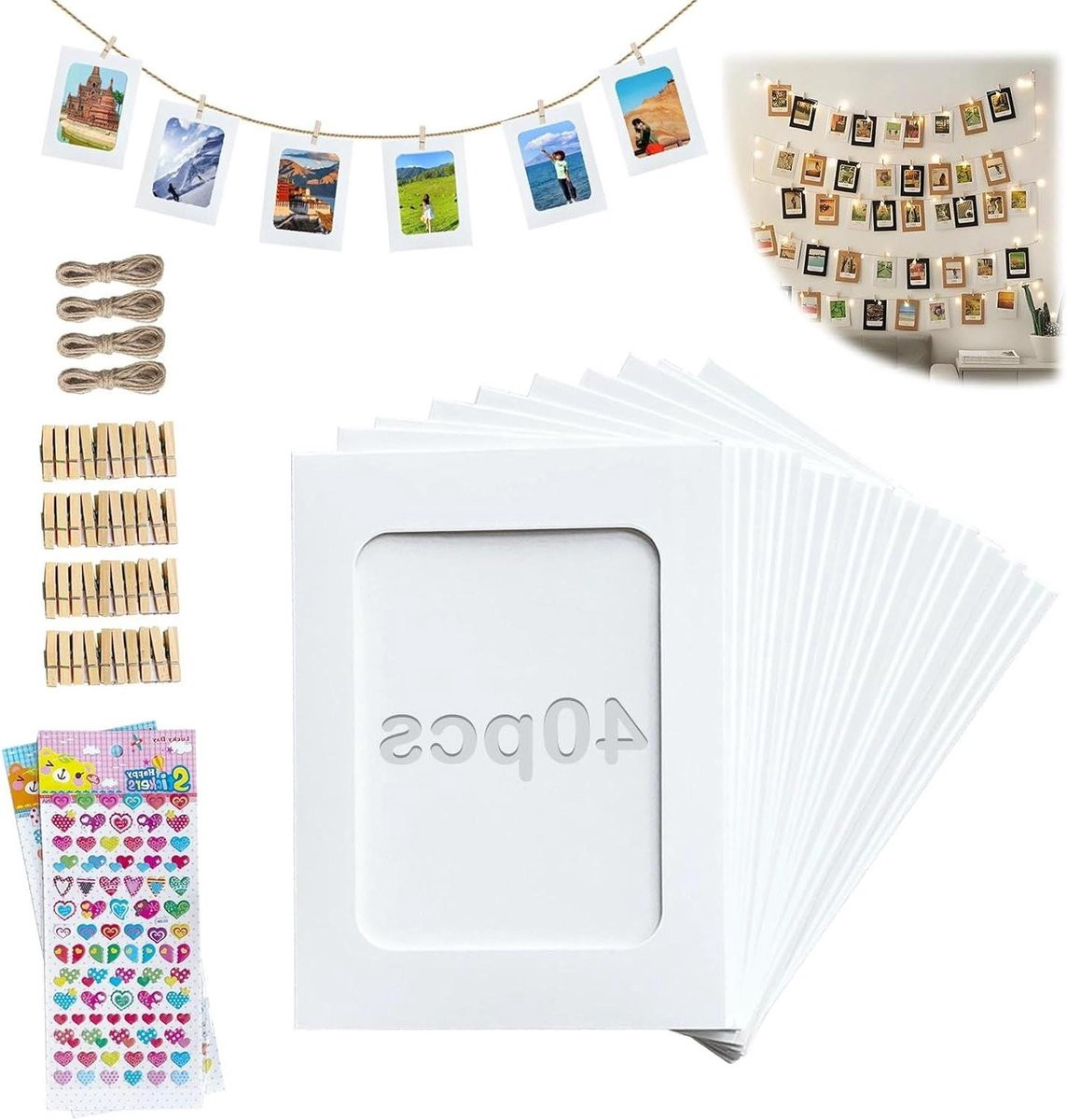 Fotogirlande met klemmen en 40 witte papierlijstjes - Fotolijn banner voor decoratie - 114 x 155 cm - Wit