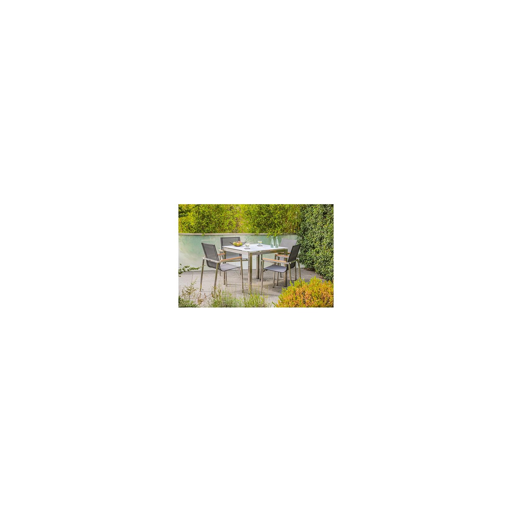 Gartenmöbel-Set Sydney 3, 5-teilig, Edelstahl, Tisch quadratisch, Stapelstühle, Textilene, Teakholz, grau, für Terrasse und Wintergarten