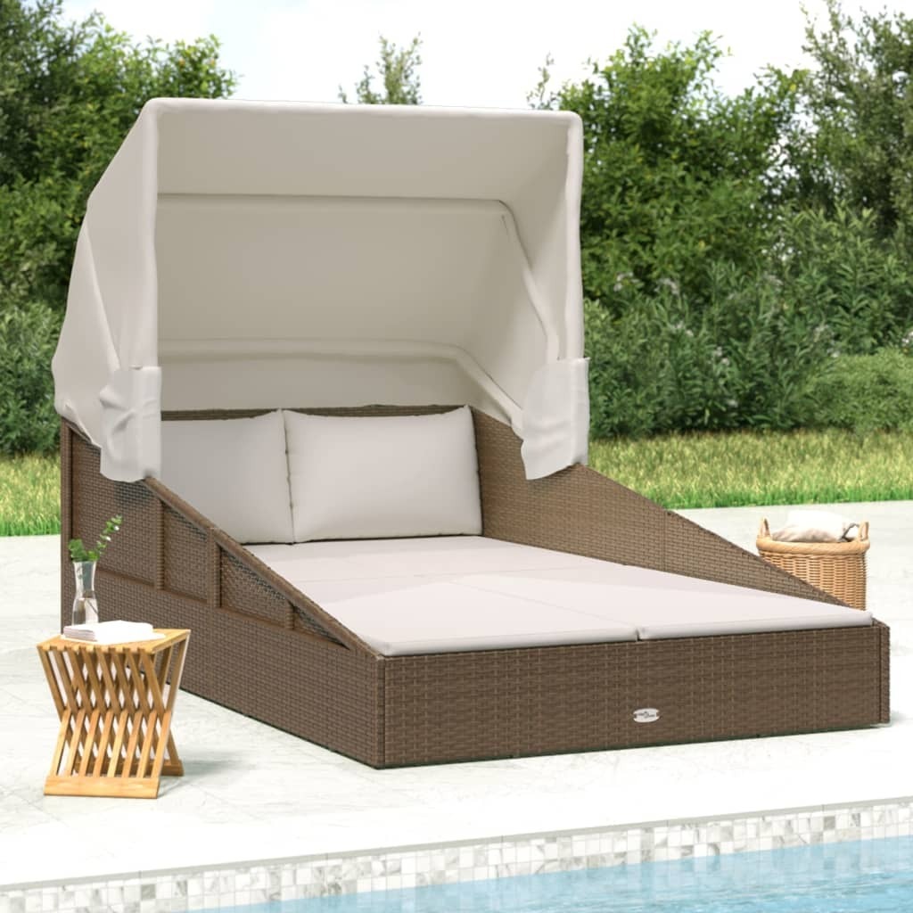 The Living Store Sonnenliege mit Faltdach Braun 200x114x128 cm Poly Rattan