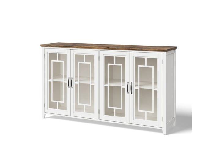 WOVREO Buffet de cuisine 160 x 40 x 86 cm 4 portes vitrees plateau aspect bois blanc