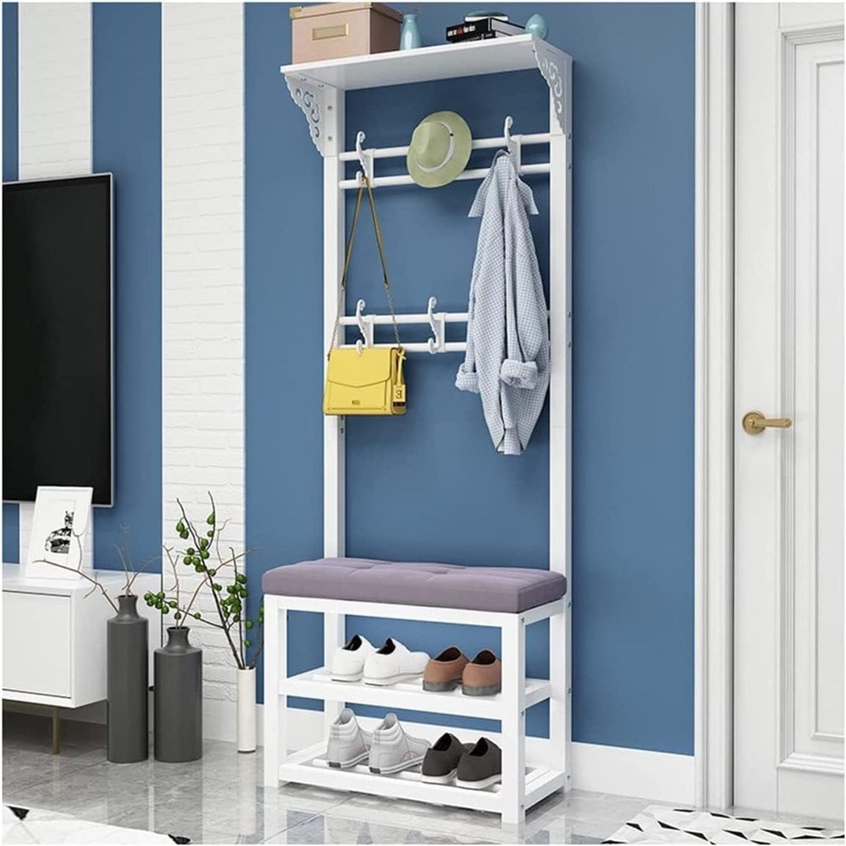 Kledingstandaard met zitkussen en schoenenkast in witgrijs met koolstofstaal frame