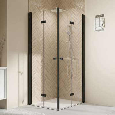 BREUER Eckeinstieg mit Drehfalttür ELANA 2.0 90 x 90 x 200 cm Profil rund schwarz Glasdekor Intima