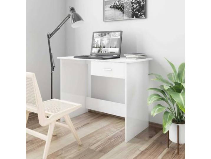 Schreibtisch Hochglanz-Weiß 100x50x76 cm mit Schublade aus Holzwerkstoff Mit Schublade, Holzwerkstoff, Hochglanz-Oberfläche, pflegeleicht, für kleine Räume, als Konsolentisch nutzbar