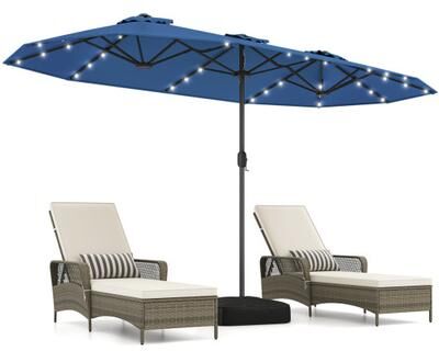 Costway 13FT Double-sided Patio Umbrella with Solar Lights for Garden Pool Backyard-Navy