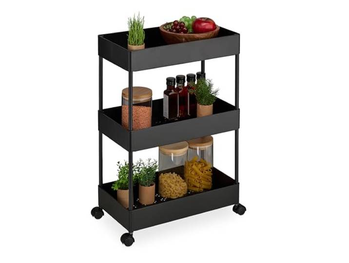 Relaxdays Chariot de Cuisine\, 3 Niveaux\, desserte\, HLP : 65 x 39\,5 x 21\,5 cm\, Salle de Bain\, Bureau\, Noir