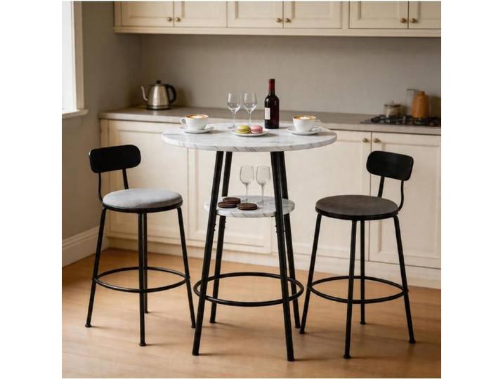 ROVRYN Table de bar ronde 60 cm avec rangement aspect marbre blanc métal noir hauteur 89 cm