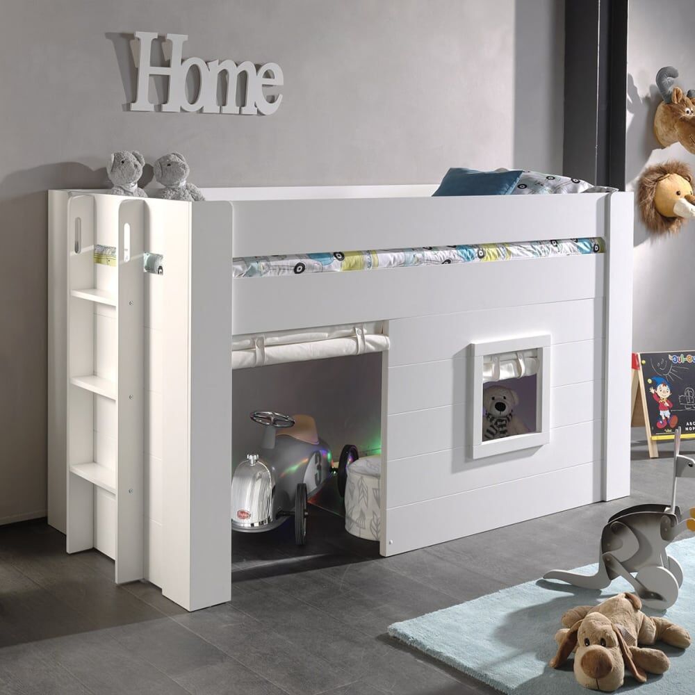 Altobuy Lit surélevé cabane 90x200cm blanc avec rideaux Blanc 214x120x96cm