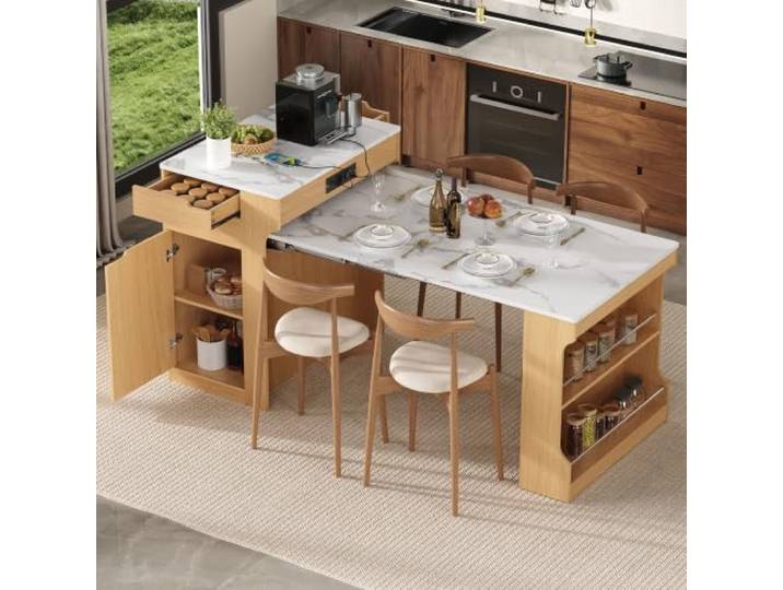 BTM Ausziehbarer Kücheninsel mit Rollen, Esstisch/Bartisch/Sideboard mit Stauraum und Ladestation für Kleine Küche, Eichenoptik