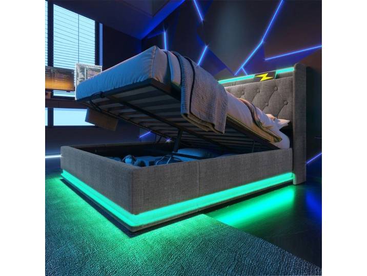 Lit capitonné - PAGE LIVING - PAGE Living - 160x200 cm - Coffre hydraulique - LED réglable & ports USB-C