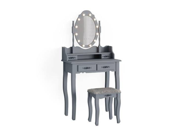 Vicco Schminktisch Maggie, Grau, 75 cm mit LED-Spiegel und Hocker, Holzwerkstoff, 1 Fächer, 4 Schubladen, Rechteckig,Rechteckig, 75x146.5x40 cm, Schlafzimmer, Schminktische