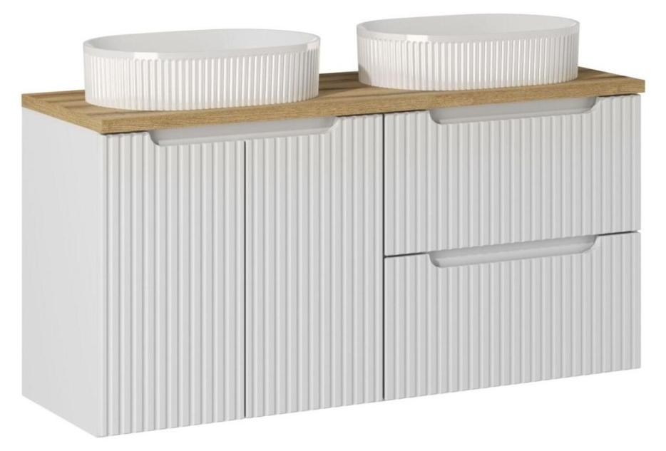 Ensemble VANO weiß 120cm: Unterschränke mit Schubladen und Schränken + Platte für Waschbecken + zwei gerillte Aufsatzwaschbecken