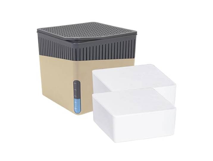 WENKO Raumentfeuchter Mod. Cube mit 2 x 500 g Entfeuchter Granulat, für Räume bis 40 m³, beugt Schimmel und Gerüchen vor, ohne Strom, geräuschlos, nachfüllbar, Beige