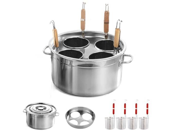 Kurflo Kommerzieller Nudeltopf, Edelstahl, für Ramen, Udon, Spaghetti & Fondue, geeignet für Gasherd & Induktion, inkl. Abtropfsieb und Aufhängehaken (mit 4 Siebeinsätzen)
