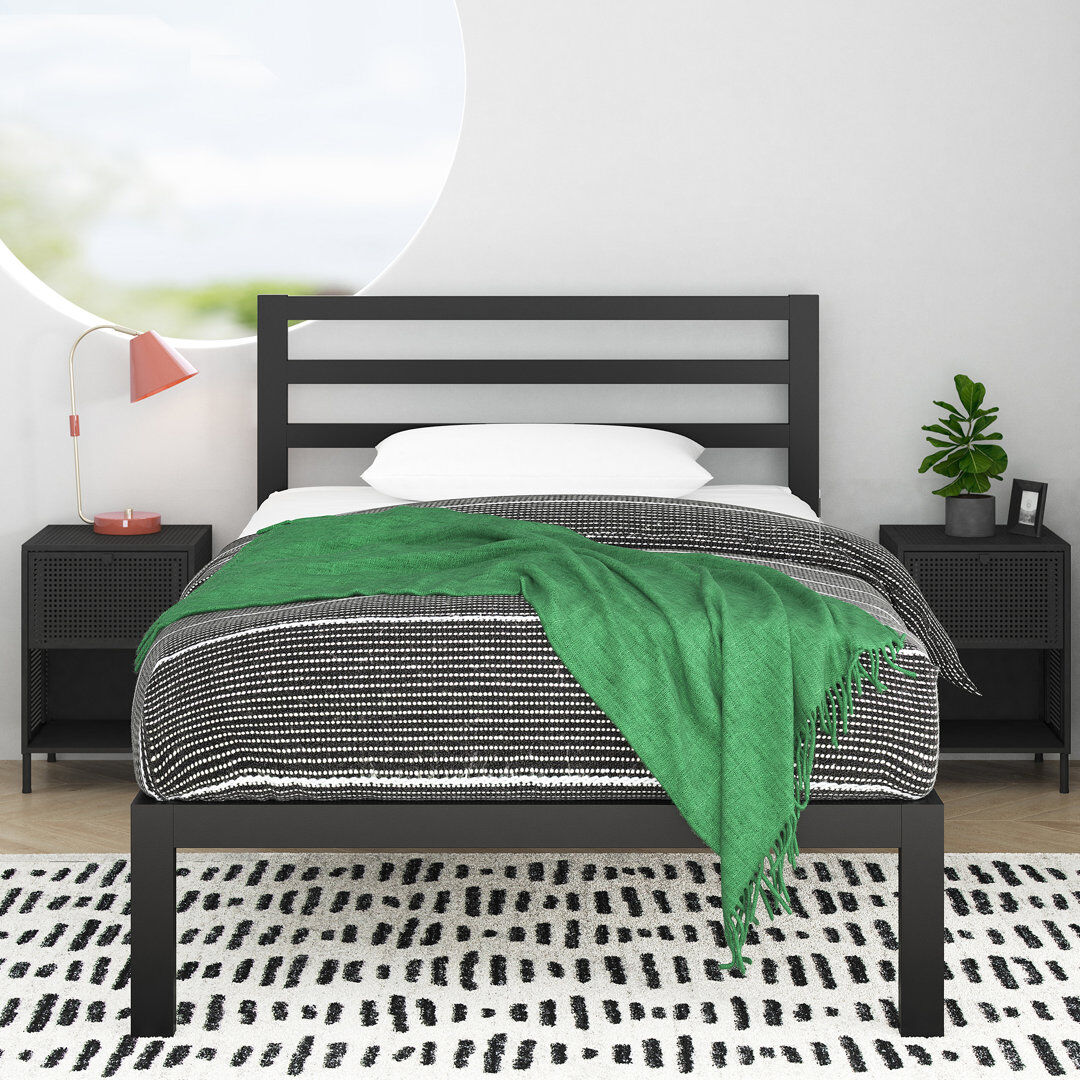Hashtag Home Christiano Minimalist Metal Bed with Slatted Headboard Black Single (3')