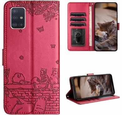 Inspired Deals Cute Cat Embossed Wallet Phone Case For Samsung Galaxy With Card Holder And Lanyard For Samsung Galaxy A71 red