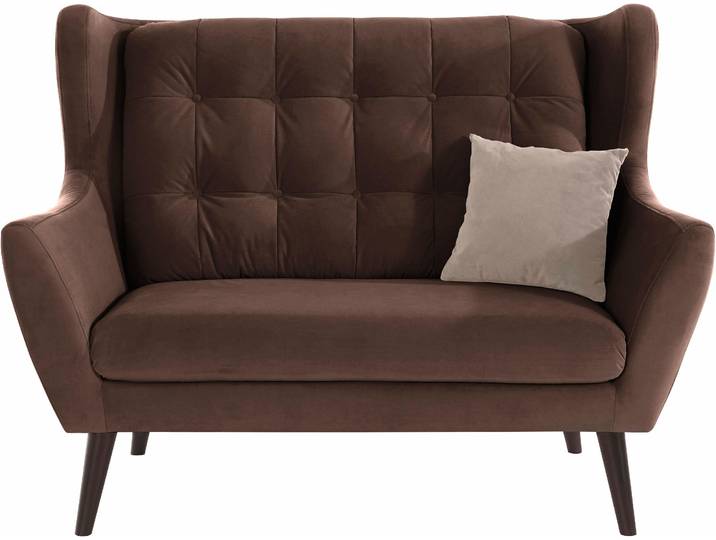 2-Sitzer Sofa, Samtvelours, Braun & Beige, 144×94 cm, Knopfheftung, Skandinavisch, andas