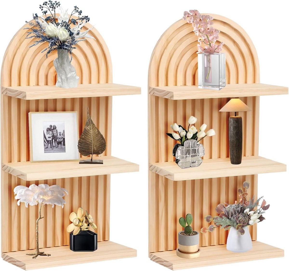 Drielaags Houten Wandplank Boho Stijl - Wandrek voor Decoratie in Houtkleur