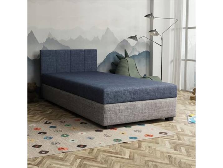 TAPCZANY24 - Boxspringbett Adel 90x200 cm mit Schaumstoff Matratze Bett mit Matratze, Polsterbett mit Bettkasten, Gepolstertes Einzel Bett, Schlafsofa - Denim mit einem grauen Behälter